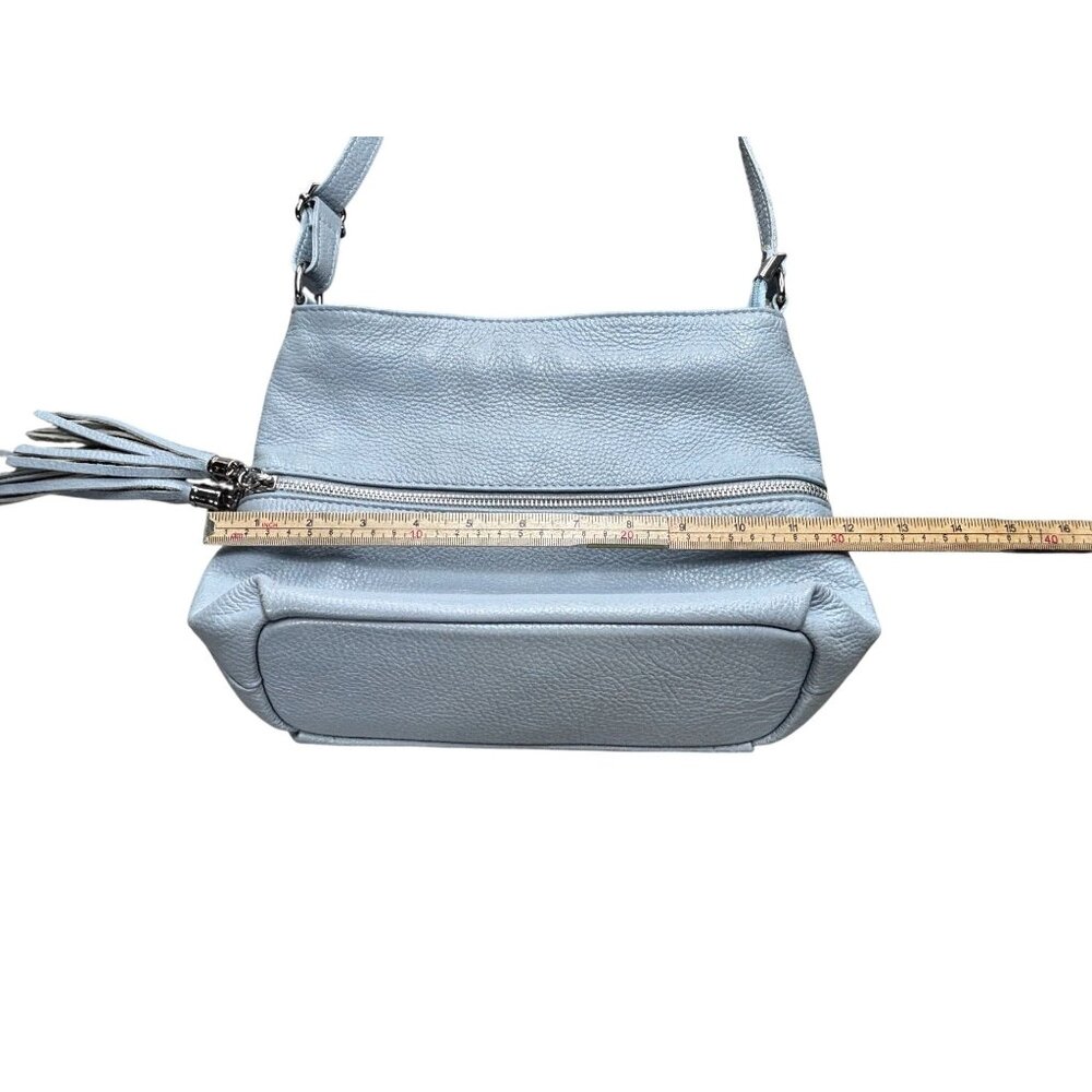 Italian-Made Light Blue Genuine Leather Shoulder Bag With Zip Closure & Tassel - Picture 7 of 9